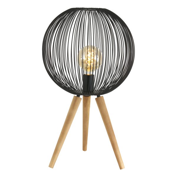 Anne Lighting Spoetnik tafellamp - Ø40 cm - 60 cm hoog - houten driepoot met zwarte draadbol - Afbeelding 2