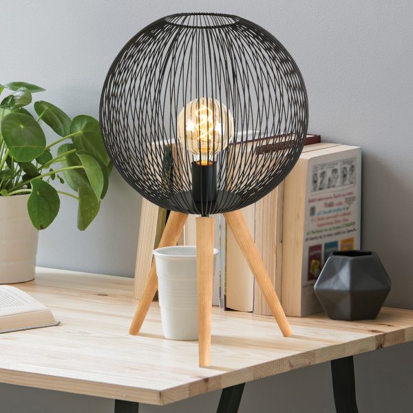 Anne Lighting Spoetnik tafellamp - Ø40 cm - 60 cm hoog - houten driepoot met zwarte draadbol - Afbeelding 3