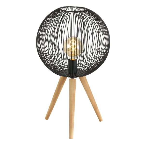 Anne Lighting Spoetnik tafellamp - Ø40 cm - 60 cm hoog - houten driepoot met zwarte draadbol