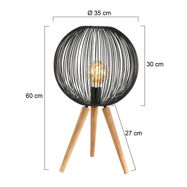 Anne Lighting Spoetnik tafellamp - Ø40 cm - 60 cm hoog - houten driepoot met zwarte draadbol - Afbeelding 7