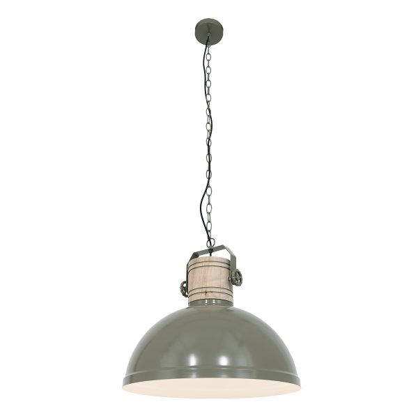 Mexlite Gearwood hanglamp - industrieel - kap Ø50 cm - E27 - houten details - groen