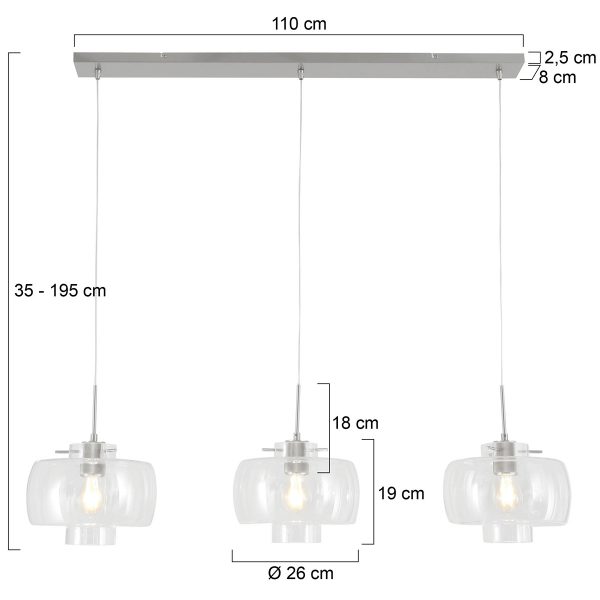 Steinhauer Glass light hanglamp - drielichts - glazen kap - 110 cm breed - in hoogte verstelbaar - E27 - staal - Afbeelding 6