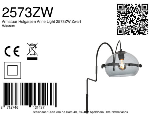 Anne Lighting Holgarsøn booglamp - armatuur - excl. kap - E27 - 155 cm hoog - zwart - Afbeelding 7