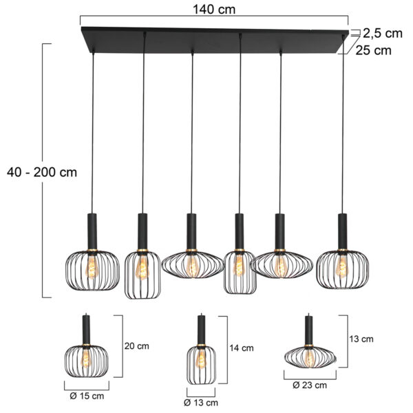 Mexlite Aureole hanglamp - draadlamp - zeslichts - 150 cm breed - gouden details - zwart - Image 7