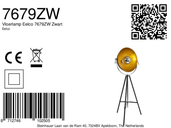 Mexlite Eelco vloerlamp – ø 74 cm – In hoogte verstelbaar en Draai- en/of kantelbaar – E27 (grote fitting) – goud en zwart - Afbeelding 8