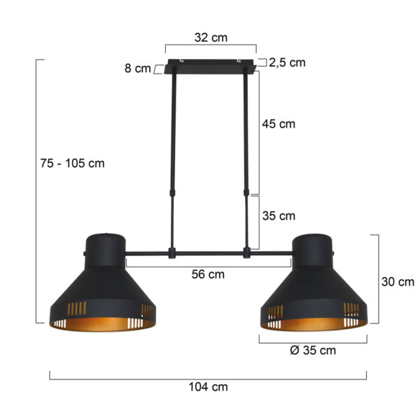 Mexlite Evy hanglamp - tweelichts - 104cm breed - zwart met goud - Image 7