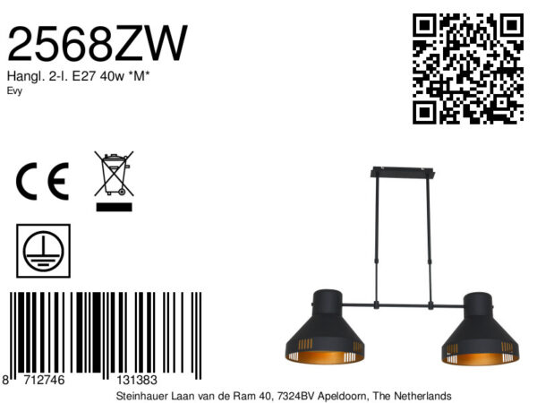 Mexlite Evy hanglamp - tweelichts - 104cm breed - zwart met goud - Image 8