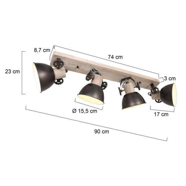 Mexlite Gearwood spot - vierlichts - draai- en kantelbaar - hout en metaal - antraciet - Afbeelding 5