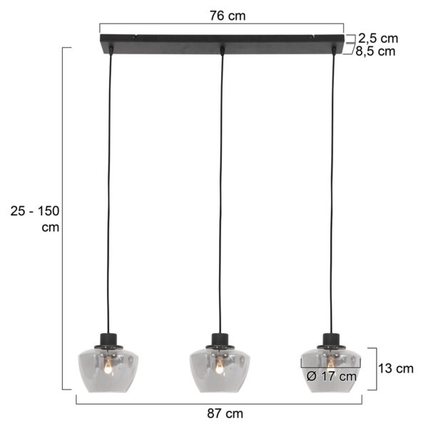 Mexlite Noirver eettafellamp - drielichts - E27 - 90 cm breed - zwart - Afbeelding 6