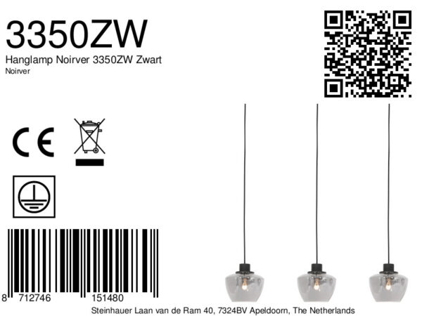 Mexlite Noirver eettafellamp - drielichts - E27 - 90 cm breed - zwart - Afbeelding 7
