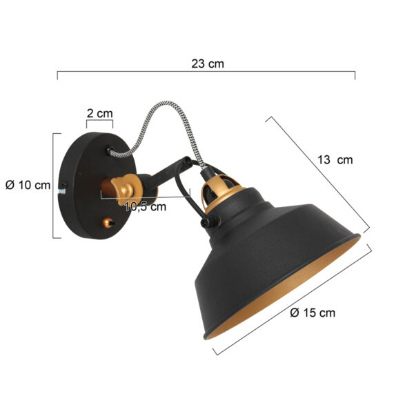 Mexlite Nové wandlamp - 30 cm diep - Ø18 cm - draai- en kantelbaar - zwart met goud - Afbeelding 2