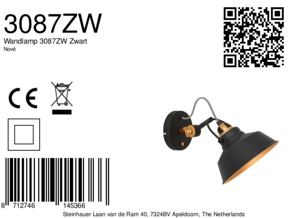 Mexlite Nové wandlamp - 30 cm diep - Ø18 cm - draai- en kantelbaar - zwart met goud - Afbeelding 9