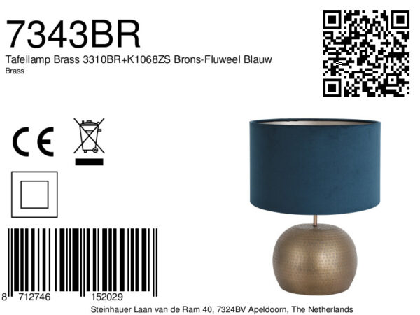 Steinhauer Brass tafellamp - met blauwe velvet kap - 44 cm hoog - E27 - brons - Afbeelding 6