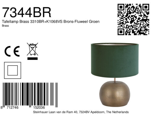 Steinhauer Brass tafellamp - met groene velvet kap - 44 cm hoog - E27 - brons - Image 6