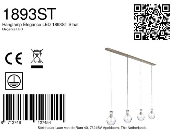 Steinhauer Elegance pendellamp - vierlichts - 140 cm breed - incl. lichtbronnen - glas en staal - Image 5