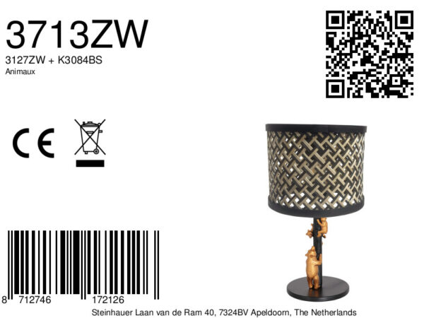 Zwarte tafellamp met gouden beer en rieten kap Anne Light & Home Animaux - Image 6