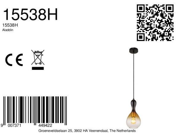 Globo Aladdin hanglamp – ø 16,5 cm – E27 (grote fitting) – Zwart - Image 6
