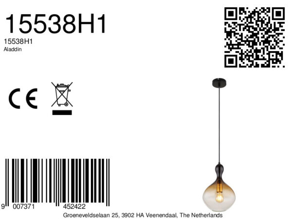 Globo Aladdin hanglamp – ø 23 cm – E27 (grote fitting) – Zwart - Image 6