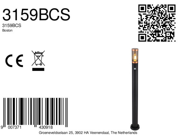 Globo Boston vloerlamp – ø 12,7 cm – E27 (grote fitting) – Zwart - Image 5