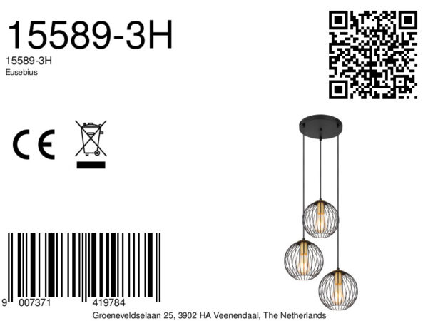 Globo Eusebius hanglamp – ø 39 cm – E27 (grote fitting) – Zwart - Image 5