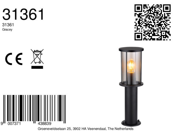 Globo Gracey vloerlamp – ø 14,3 cm – E27 (grote fitting) – Zwart - Image 5