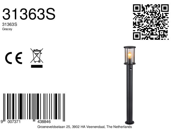 Globo Gracey vloerlamp – ø 14,3 cm – E27 (grote fitting) – Zwart - Image 5