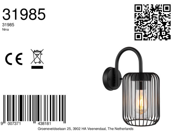 Globo Nina wandlamp – E27 (grote fitting) – Zwart - Image 5