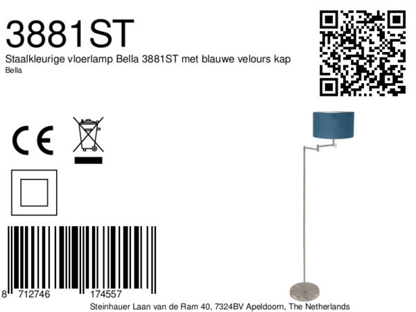 Stalen vloerlamp met blauwe lampenkap Mexlite Bella - Image 6