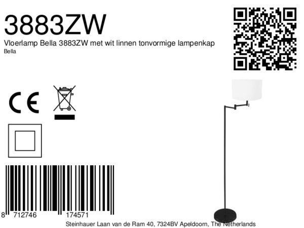 Zwarte moderne vloerlamp met witte lampenkap Mexlite Bella - Image 6
