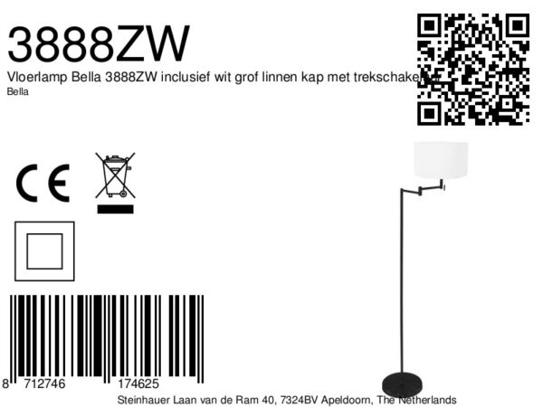 Moderne zwarte vloerlamp met witte lampenkap Mexlite Bella - Image 6