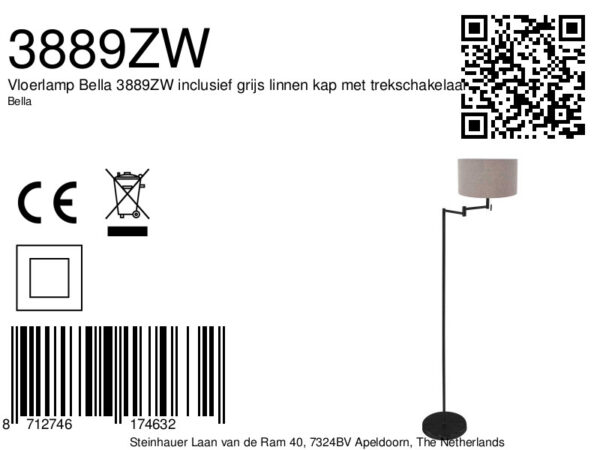 Vloerlamp zwart en modern met grijze lampenkap Mexlite Bella - Image 6