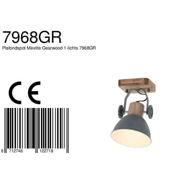 Steinhauer Gearwood plafondspot - industrieel - kap Ø 15 cm - draai- en kantelbaar - grijs en hout - Afbeelding 8