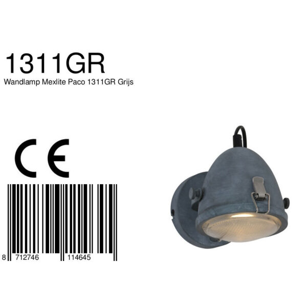 Mexlite Paco wandlamp - koplamp - ⌀11,5 cm - draai- en kantelbaar - beton grijs - Afbeelding 8