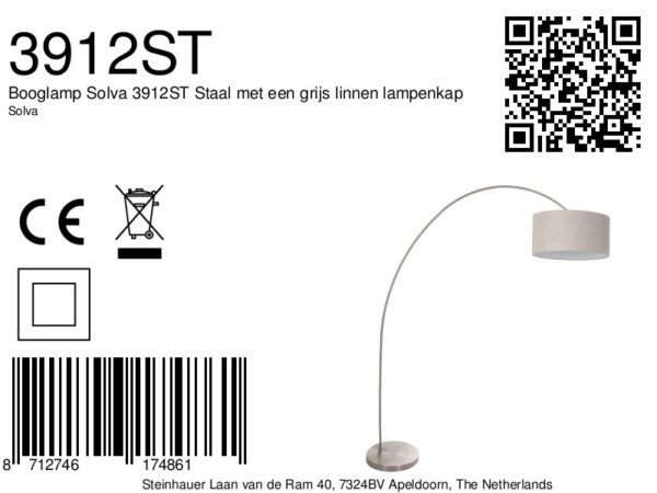 Stalen klassieke booglamp met grijze lampenkap Mexlite Solva - Image 6