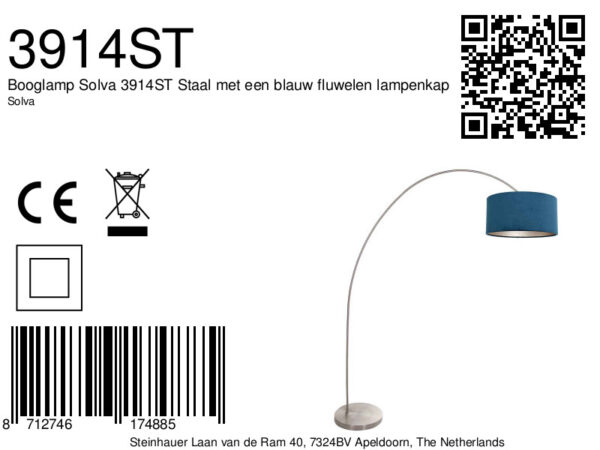 Stalen klassieke booglamp met blauwe lampenkap Mexlite Solva - Image 6