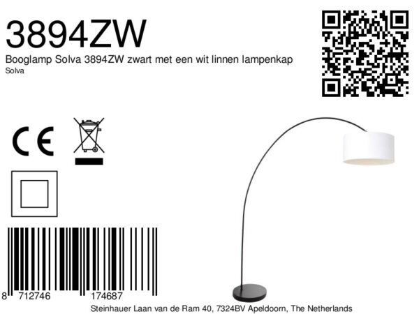 Moderne zwarte booglamp met witte lampenkap Mexlite Solva - Image 6