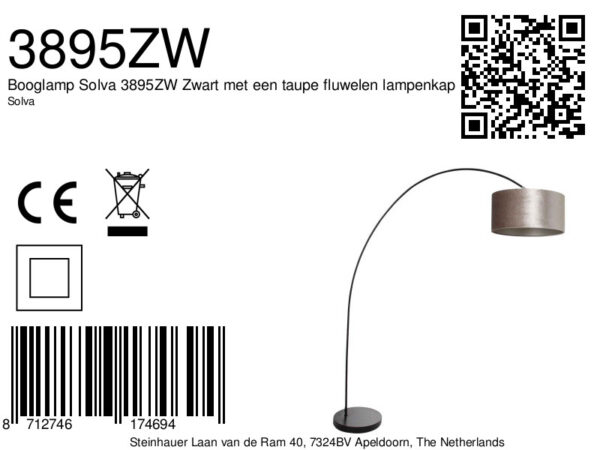 Moderne zwarte booglamp met grijze lampenkap Mexlite Solva - Image 6