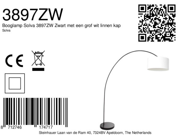 Zwarte moderne booglamp met witte lampenkap Mexlite Solva - Image 6