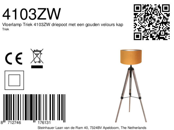 Driepoot vloerlamp zwart kap velours  Mexlite Triek - Image 6