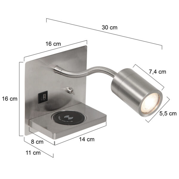 Staalkleurige wandlamp verstelbaar met draadloze telefoonlader Mexlite Upround - Image 5