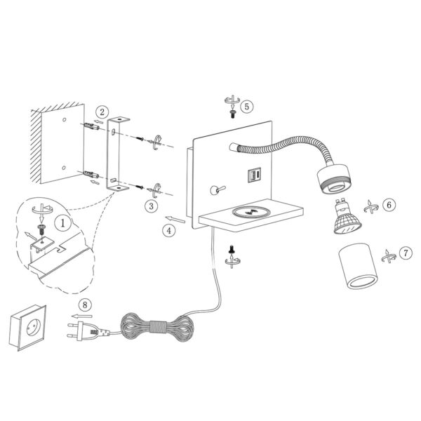 Staalkleurige wandlamp verstelbaar met draadloze telefoonlader Mexlite Upround - Image 7
