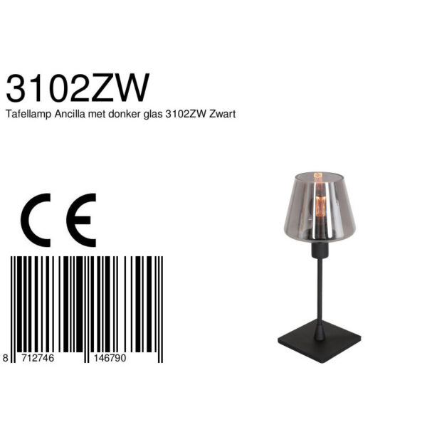 Steinhauer Ancilla tafellamp - rookglazen kap - 33 cm hoog - modern - E14 - zwart - Image 6