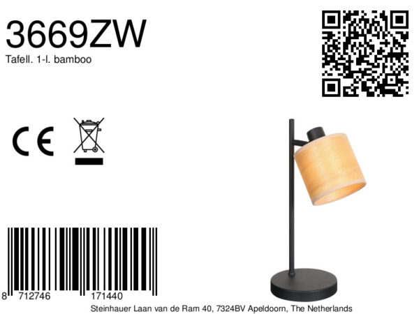 Zwarte tafellamp ronde bamboe kap Mexlite Bambus - Image 6