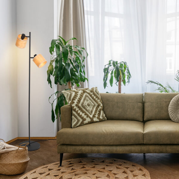 Tweelichts vloerlamp zwart kappen bamboe Mexlite Bambus - Image 2