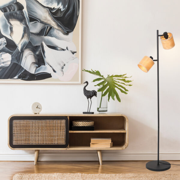 Tweelichts vloerlamp zwart kappen bamboe Mexlite Bambus - Image 3