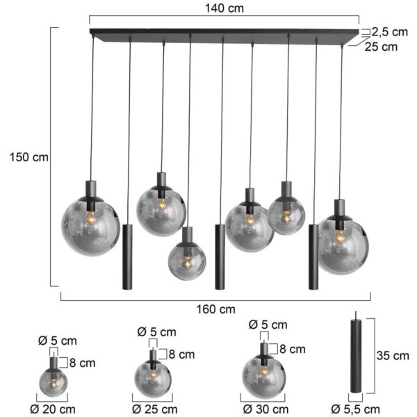 Steinhauer Bollique hanglamp – In hoogte verstelbaar – E27 + GU10 – smokeglas en zwart - Image 4