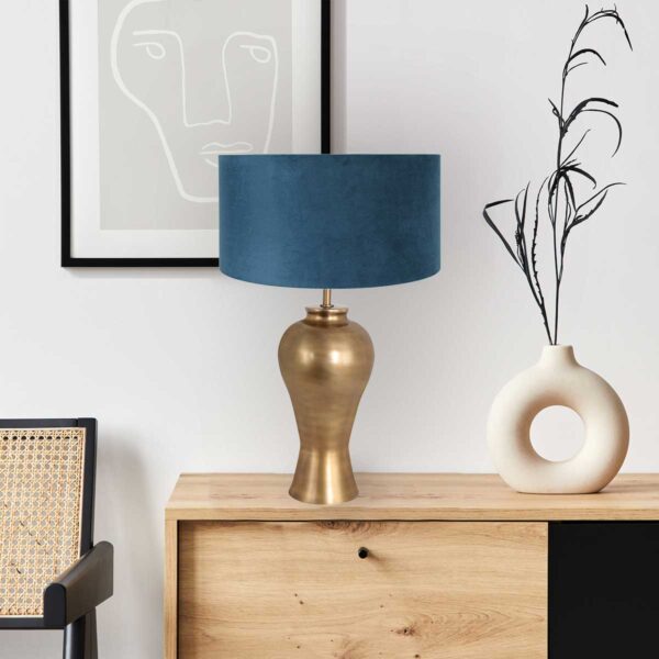 Steinhauer Brass tafellamp - met blauwe velvet kap - 60 cm hoog - E27 - brons - Image 2