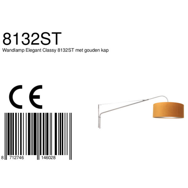 Steinhauer Elegant Classy wandlamp - kap ⌀50 cm - uittrekbaar tot 145 cm - zwart/wit snoer met schakelaar - staal en okergeel - Image 7