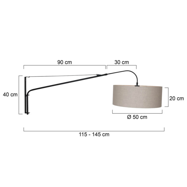 Steinhauer Gramineus wandlamp - met lange arm - met beige kap - uitschuifbaar - 120 cm diep - E27 - zwart - Afbeelding 5