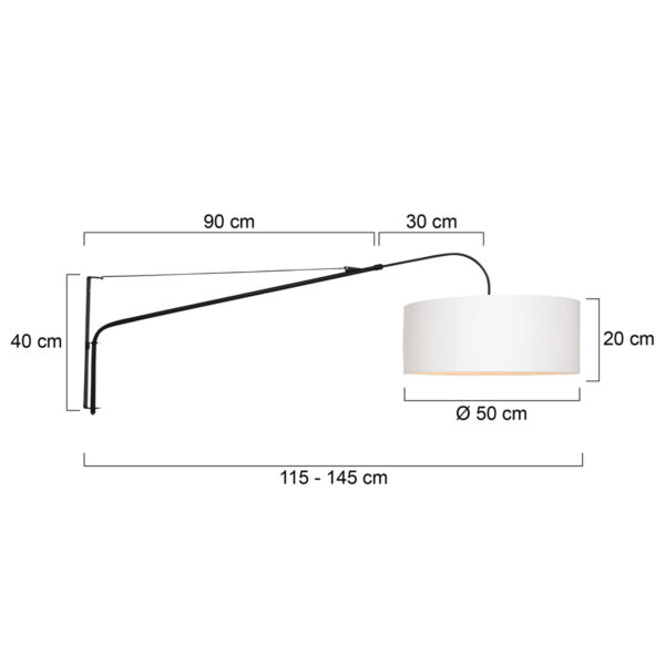 Steinhauer Gramineus wandlamp - met lange arm - met witte kap - 120 cm diep - E27 - zwart - Image 5